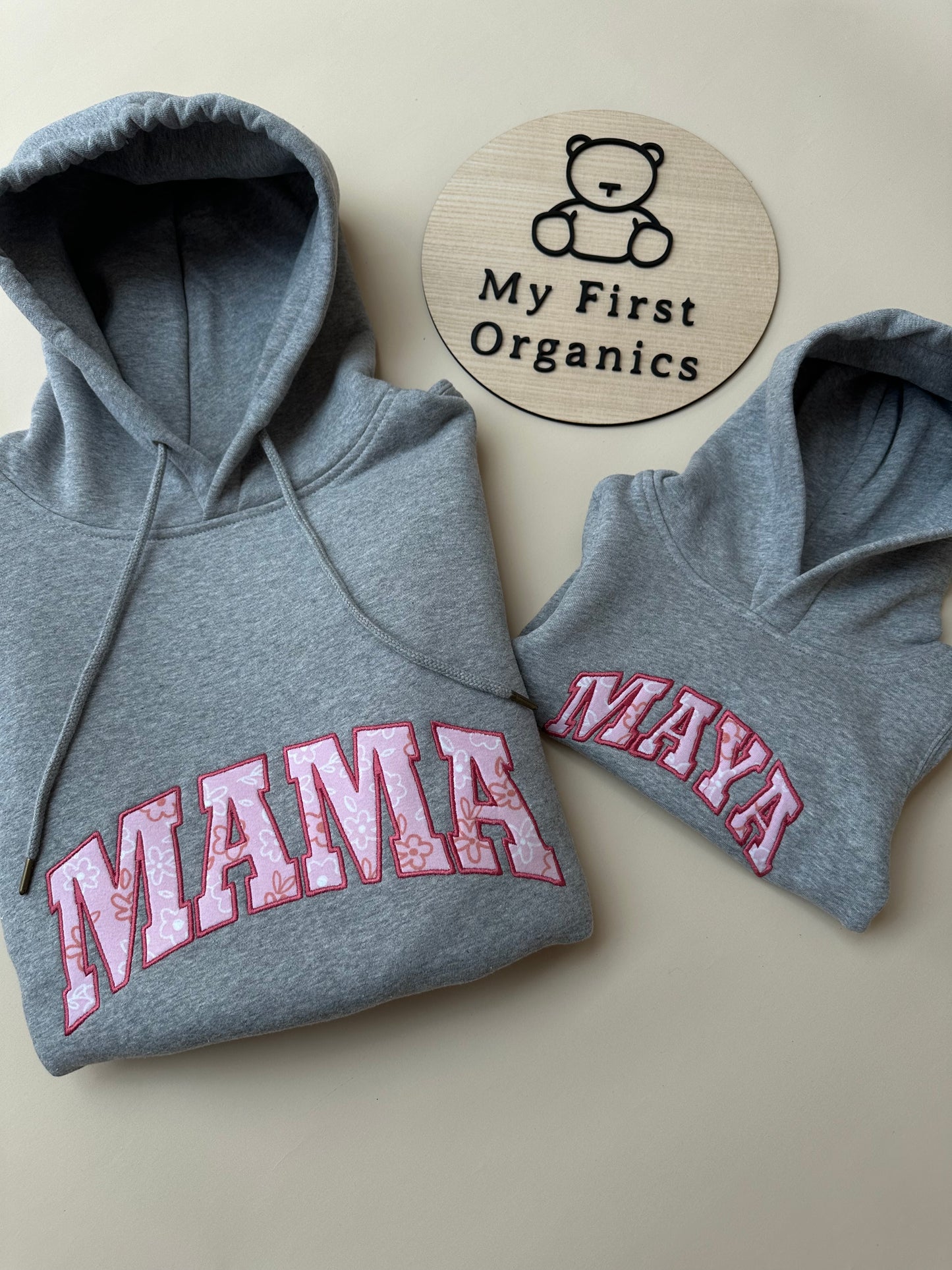 Custom Keepsake ADULT & MINI Matching Appliqué Hoodies in Curved Font