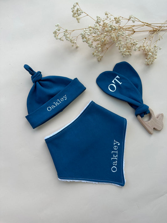 Personalised Hat, Bib & Teether Gift Set - Choose your fabric.