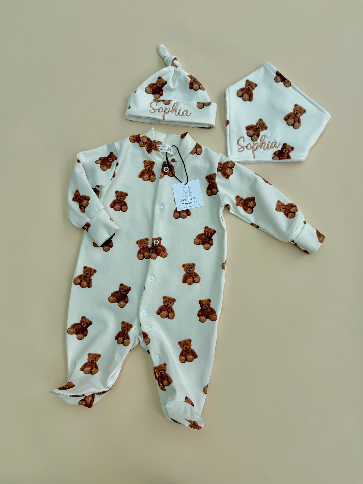 Organic babygrow, bib & hat gift set - Choose your fabric