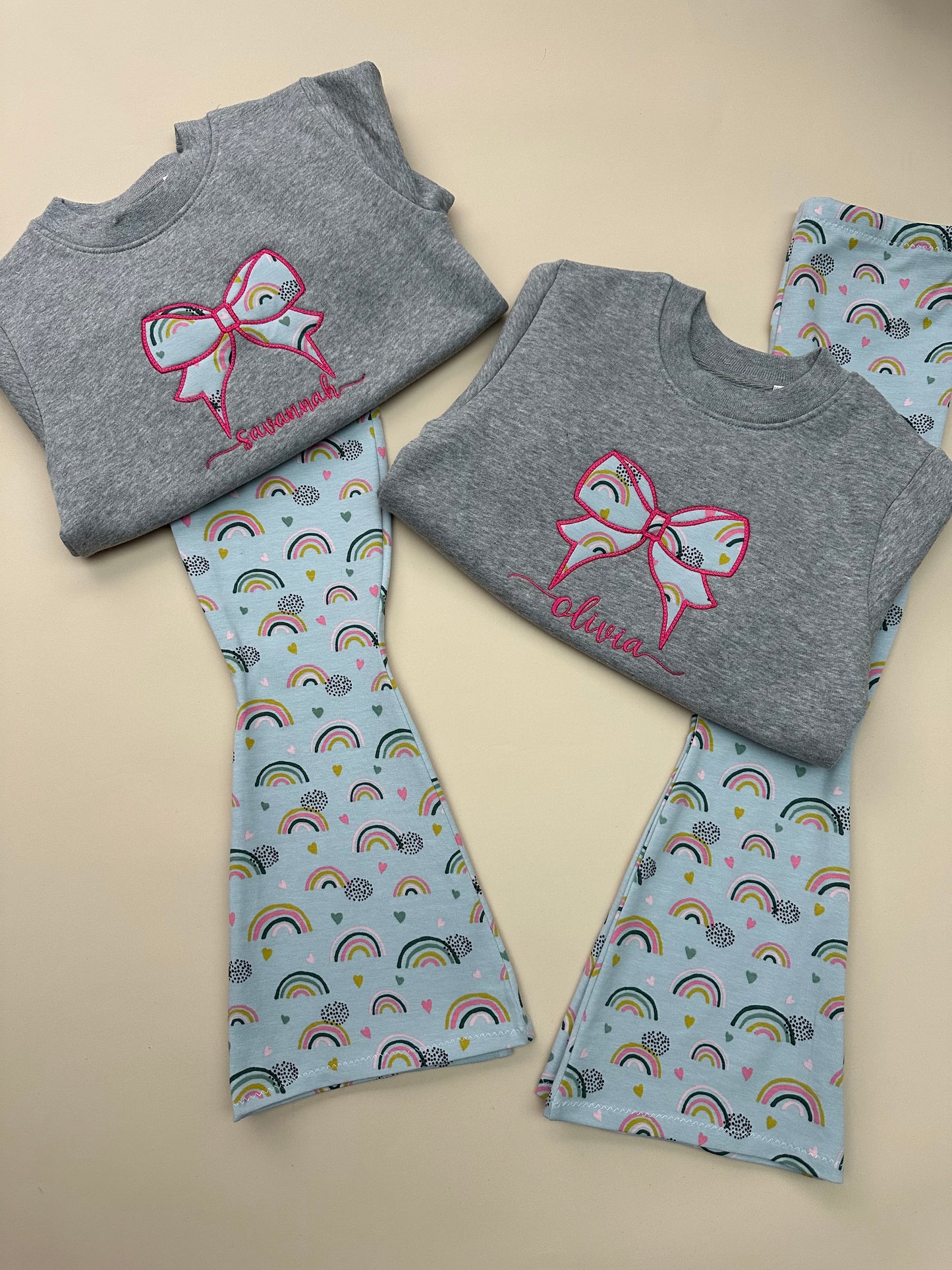 Childrens Personalised Bow sweatshirt & matching flares - Choose your fabric